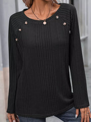 Ribbed Long Sleeve T-shirt With Button Detail in Black, close-up detail
