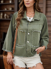 Moss denim shacket with raw edge details and button front, cropped length.
