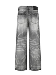 Men's Vintage Wash Wide Leg Jeans Plus Size in Black, close-up detail