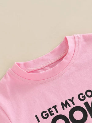 Pink cotton tee with black lettering detail, crew neck, short sleeves.