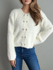 White fluffy double-breasted knit cardigan with silver buttons