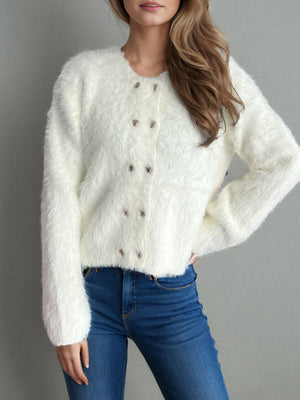 White fluffy double-breasted knit cardigan with silver buttons