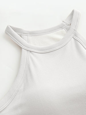 Gray ribbed halter tank top with built-in bra detail and contrast stitching.