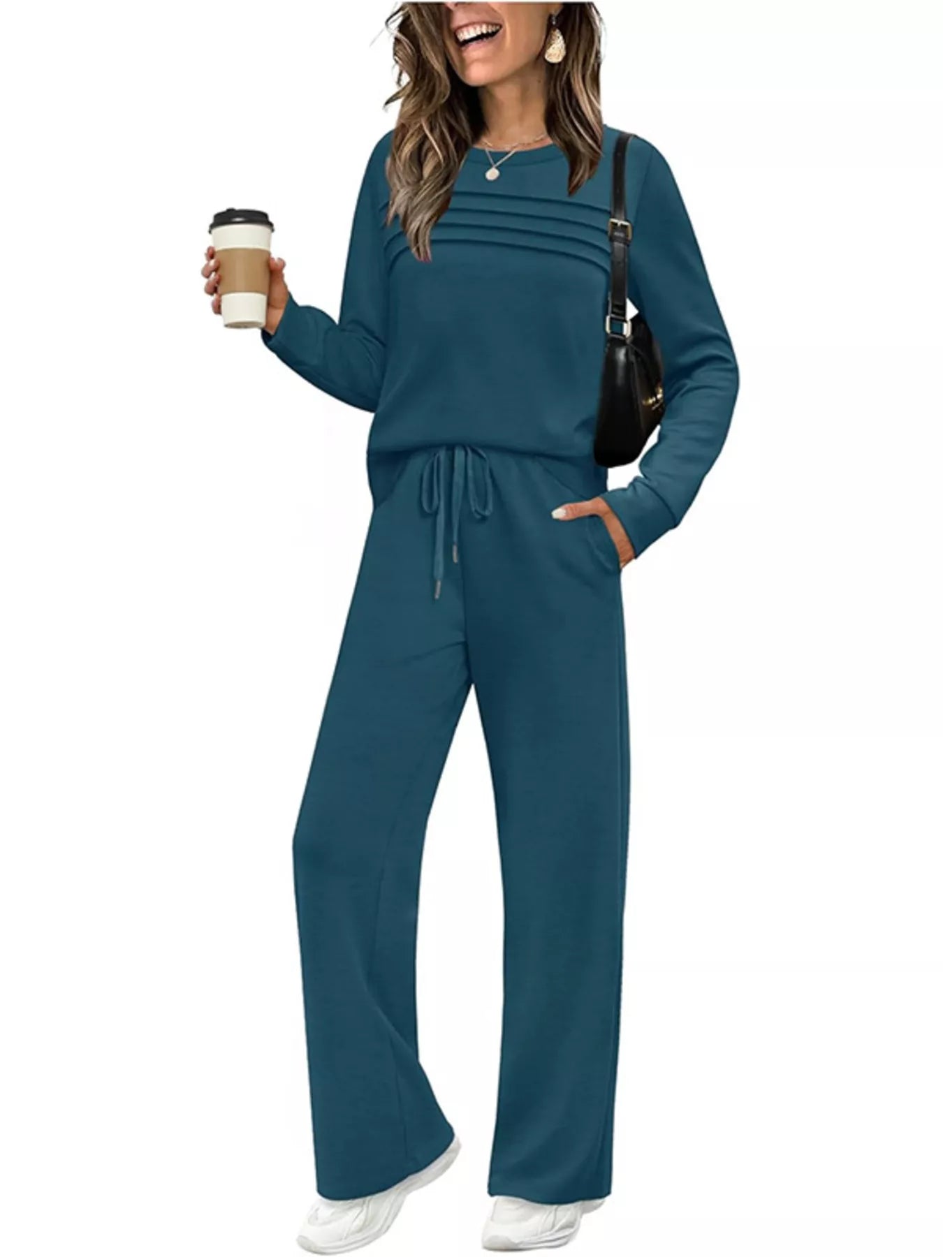 Peacock blue casual long-sleeve top with pleated detail and drawstring pants set.