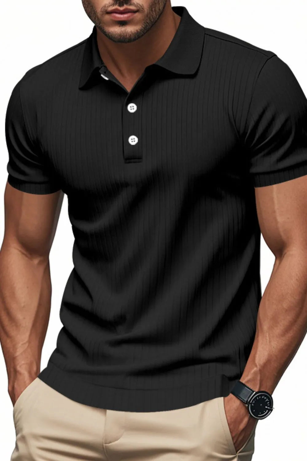 Black ribbed knit polo shirt with short sleeves and a two-button placket.