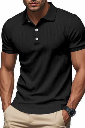 Black ribbed knit polo shirt with short sleeves and a two-button placket.
