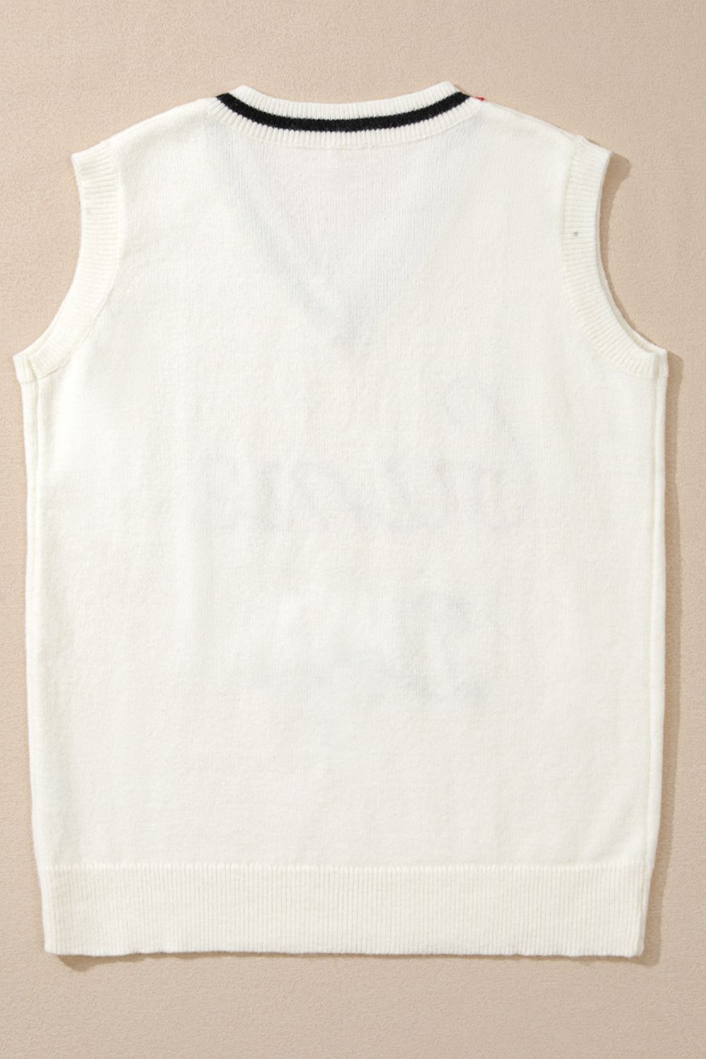 White knit vest with black striped neckline and burgundy trim, acrylic.