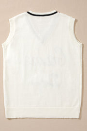 White knit vest with black striped neckline and burgundy trim, acrylic.
