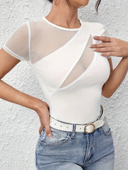 White asymmetric mesh cutout bodysuit with short sleeves and a round neckline.