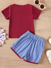 Red baby t-shirt and blue gingham shorts set with red trim