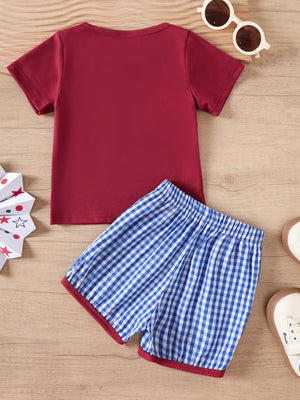 Red baby t-shirt and blue gingham shorts set with red trim