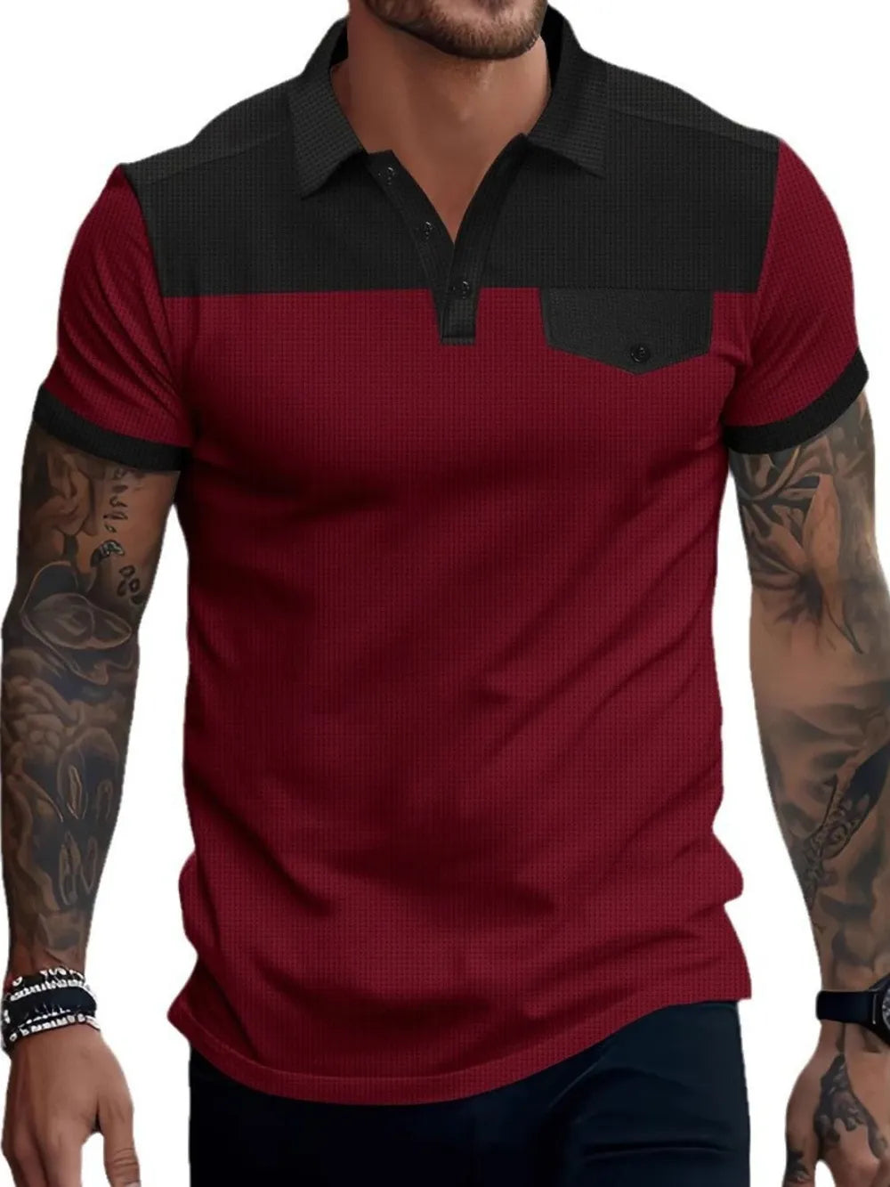 Burgundy and black colorblock waffle knit polo shirt with chest pocket detail.