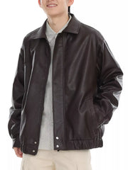 Brown faux leather bomber jacket with zip front and elastic cuffs