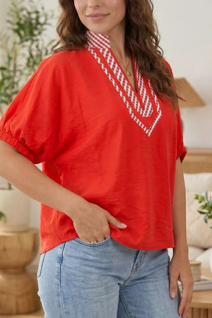 V Neck Plaid Collar Short Sleeve Tunic Blouse, side view