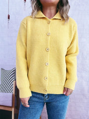 Yellow ribbed button-up cardigan with polo collar and wooden buttons