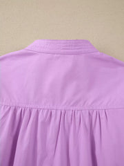 Purple cotton shirt with notched collar and gathered detail at the yoke.