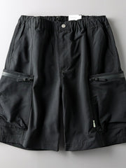 Black relaxed fit cargo shorts with zippered pockets and elastic waistband.