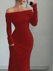Rose Red off-shoulder maxi dress with draped neckline and long sleeves.