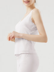 White lace trim cami with a v-neck and textured fabric.