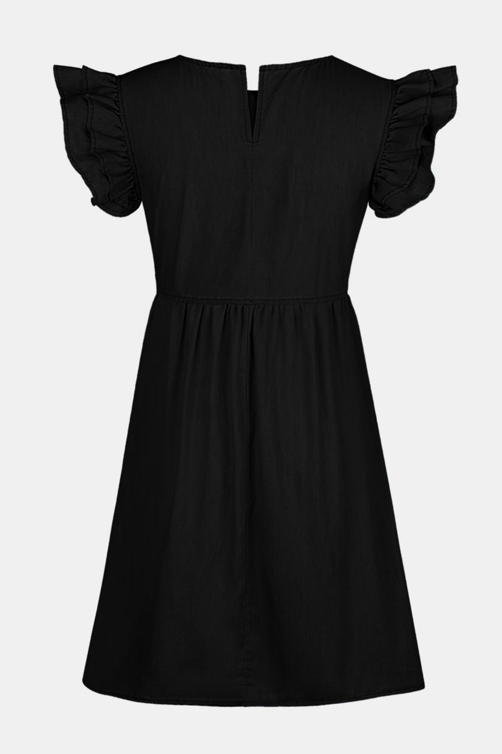 Black babydoll denim dress with ruffled short sleeves and a V-neck.