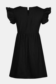 Black babydoll denim dress with ruffled short sleeves and a V-neck.