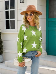 Matcha green crewneck sweater with white stars, acrylic knit, casual style