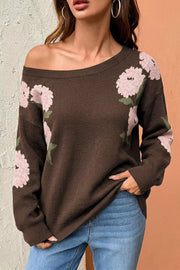 Floral Print Drop Shoulder Relaxed Sweater in Dark Brown, side view