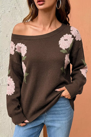 Floral Print Drop Shoulder Relaxed Sweater in Dark Brown, side view