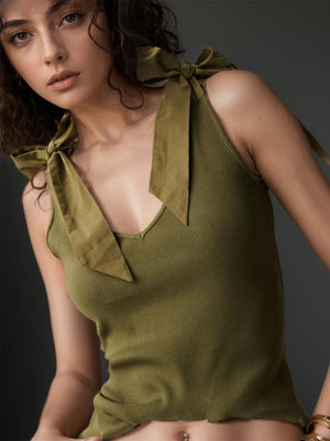 Ribbed knit tank top in Army Green with bow shoulder straps and V-neck.