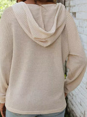 Waffle Knit Hooded Top With Drawstring in Beige, back view