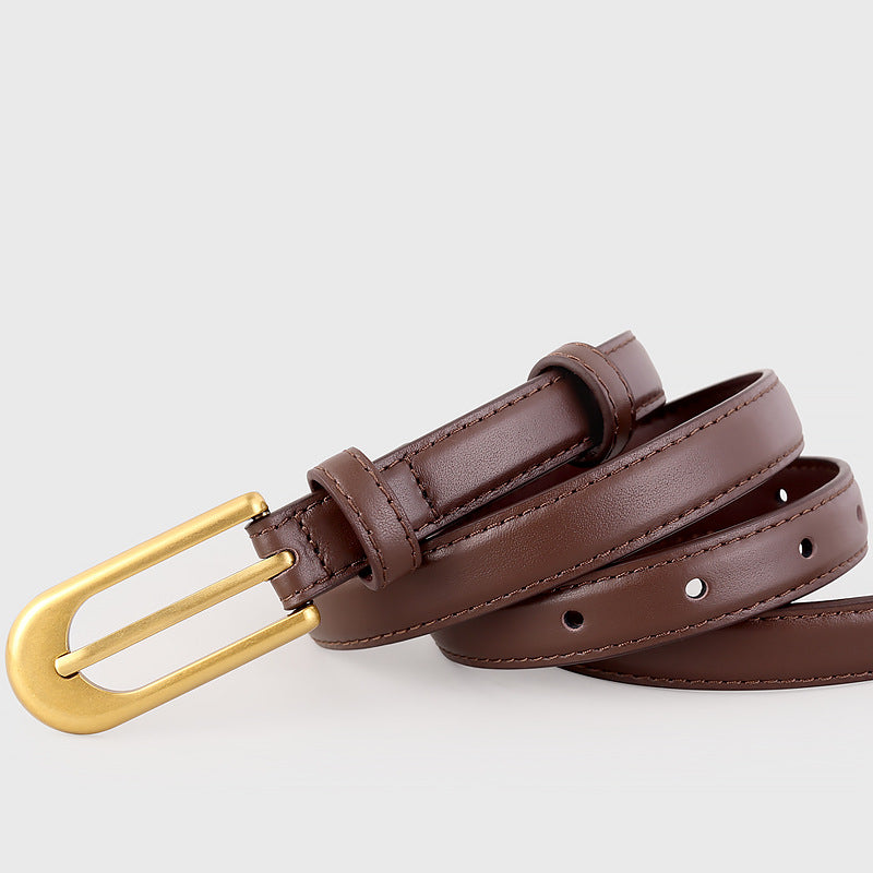 Brown matte buckle leather belt with gold buckle detail.