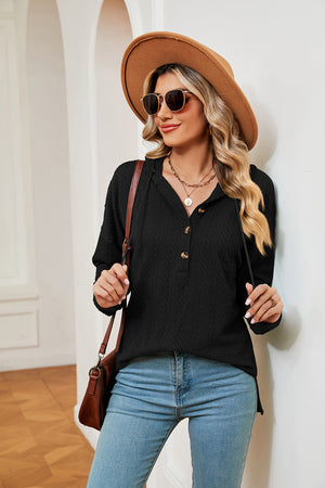 Black textured henley hoodie with drop shoulder and button neckline