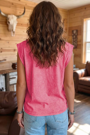 Deep rose cotton graphic tank top with a washed effect, sleeveless design.