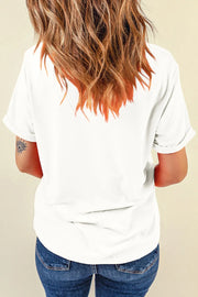 White cotton crewneck t-shirt with rolled sleeves and a subtle eye tattoo on the arm.