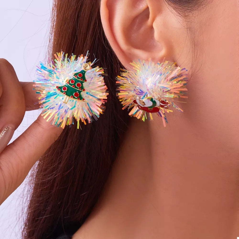 Festive tinsel ball statement earrings with Christmas tree and Santa charms, 18k gold.