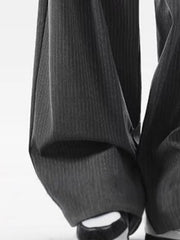 Men's dark grey pinstriped wide leg sweatpants with a relaxed fit.