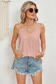 Blush pink cami with double straps and allover eyelet perforations.
