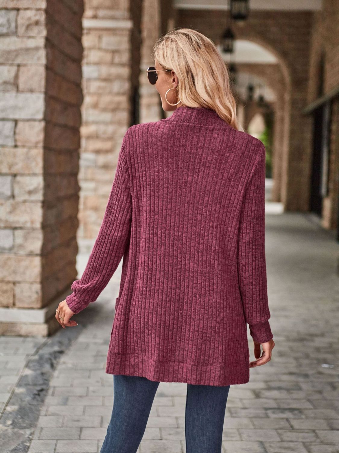 Burgundy ribbed open-front cardigan with pockets.
