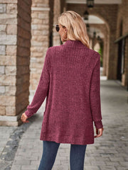 Burgundy ribbed open-front cardigan with pockets.