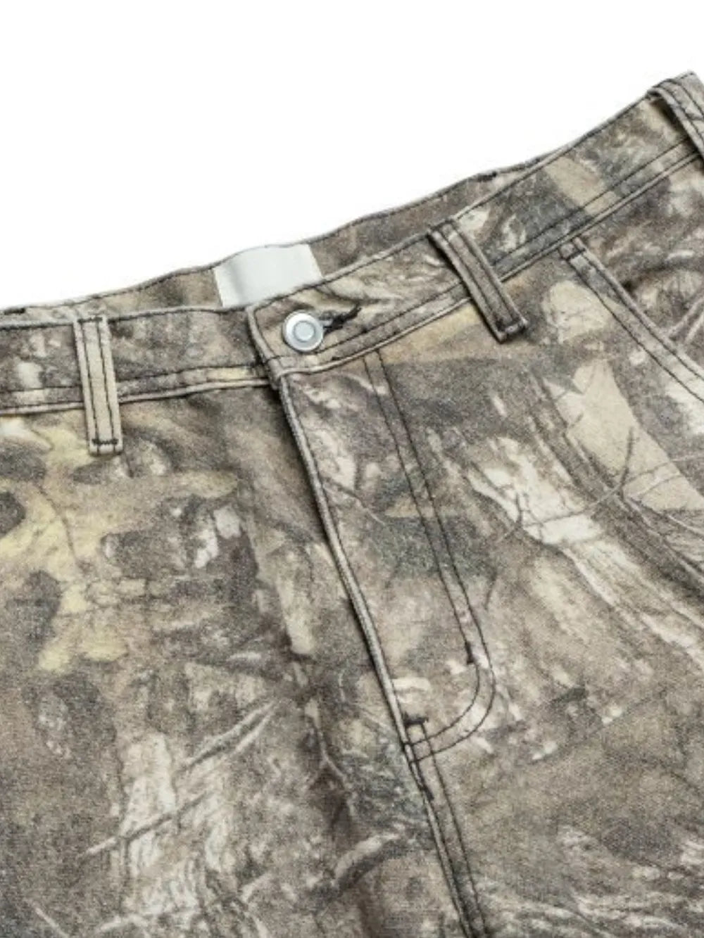 Carpenter jeans in mocha camo print with raw hem detail.