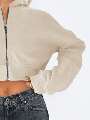 Khaki cropped zip-up hoodie with ribbed hem and cuffs