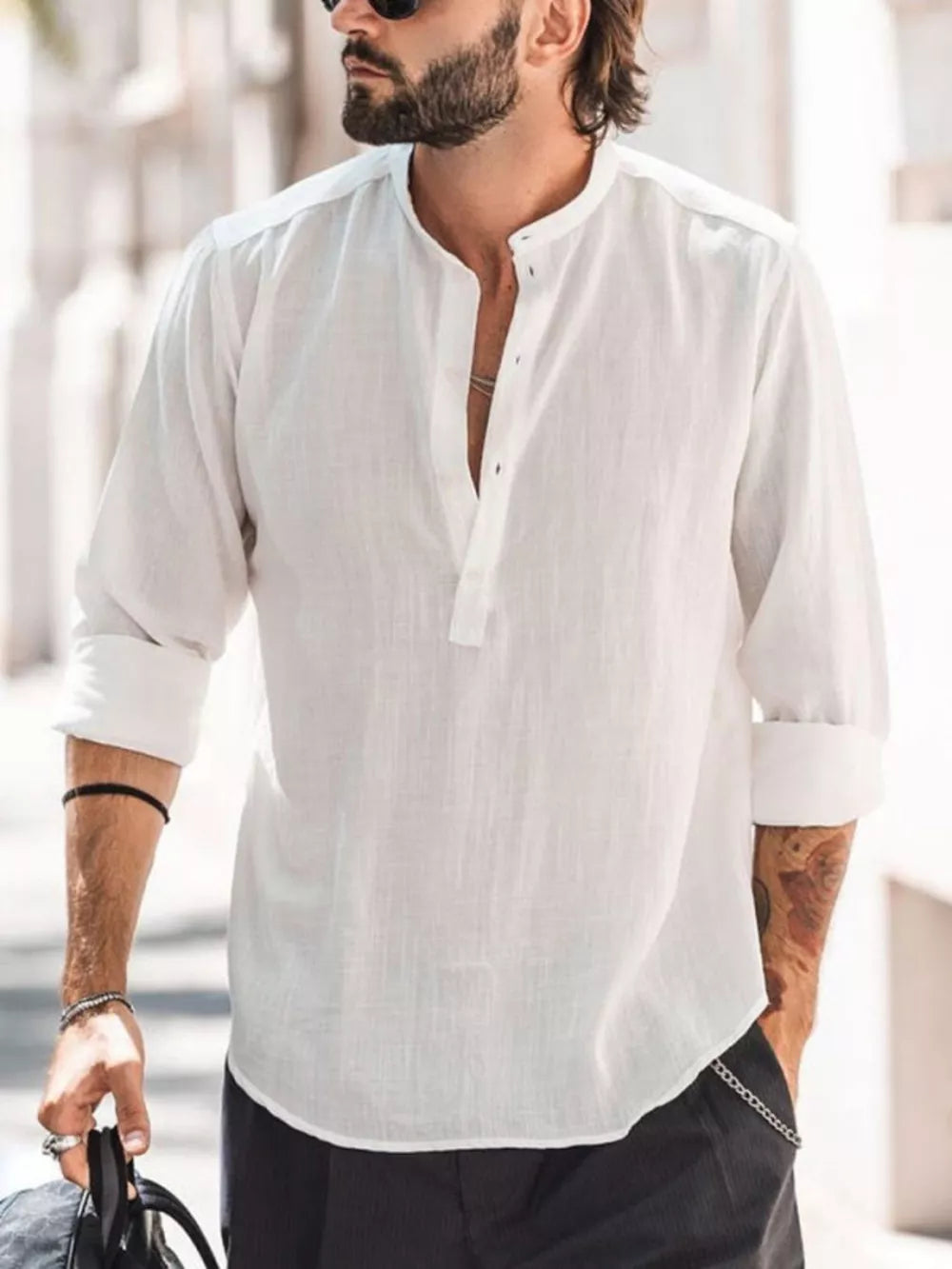 Men's Plus Size Long Sleeve Button Shirt in Black, side view