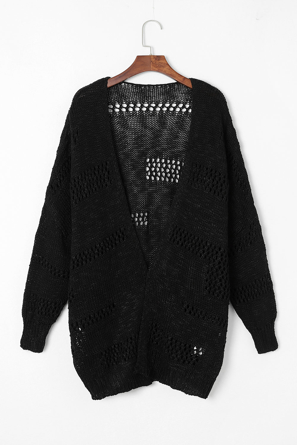 Black open-knit slouch cardigan with a relaxed fit and airy texture.