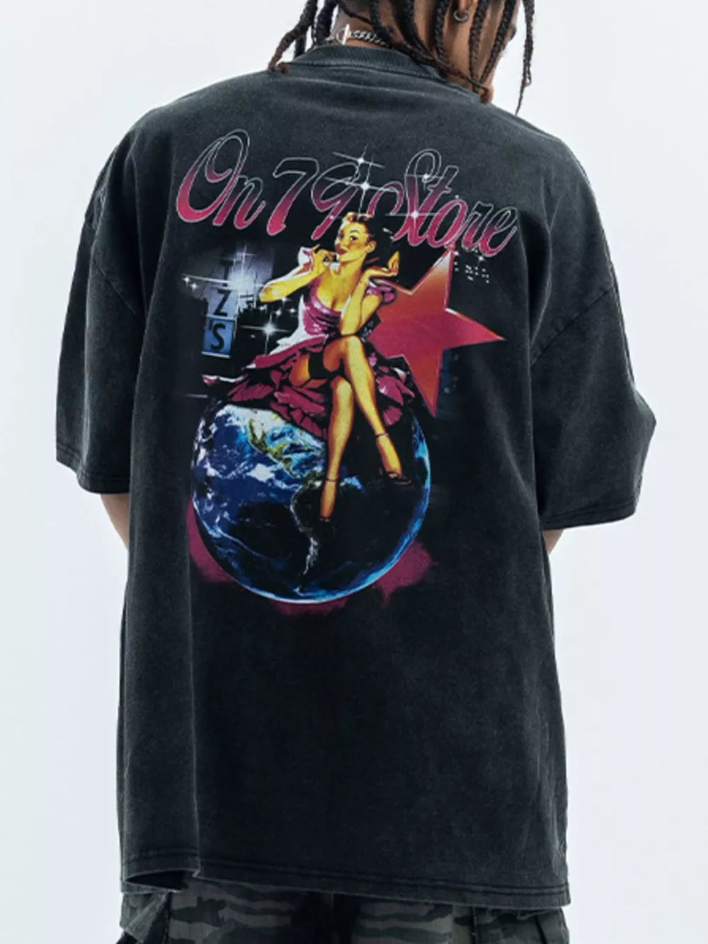 Black cotton graphic t-shirt with retro pin-up art and text print