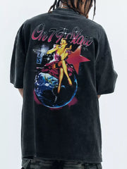 Black cotton graphic t-shirt with retro pin-up art and text print