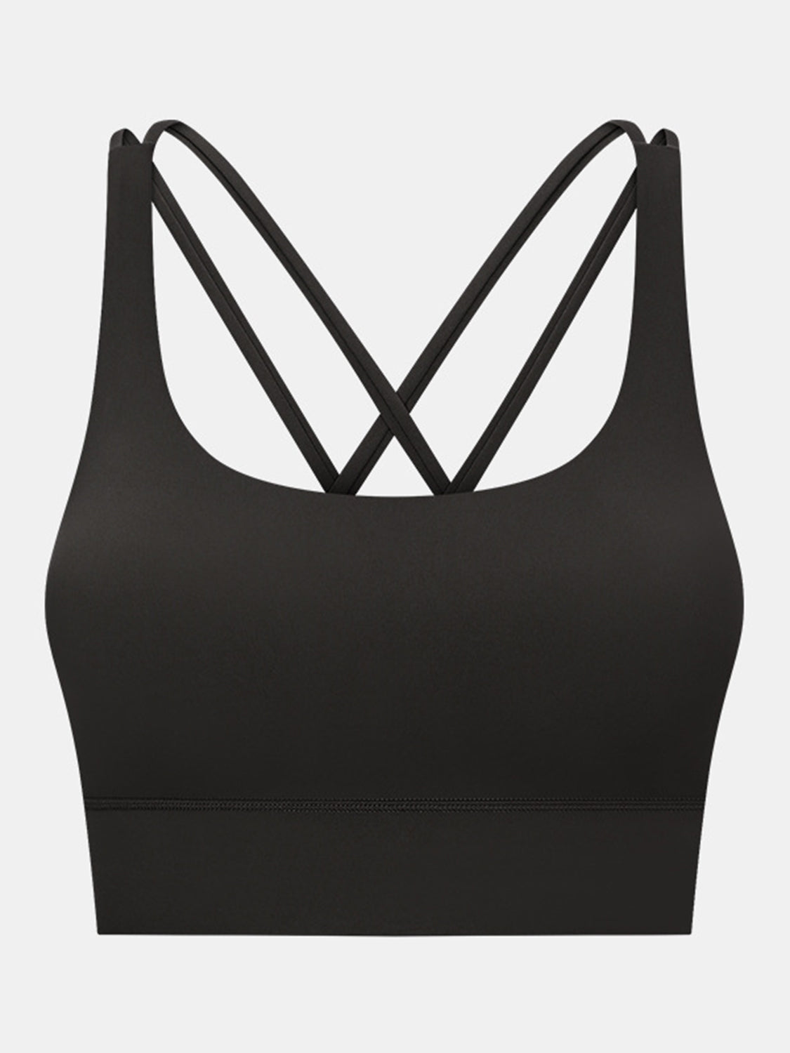 Black performance bra with crisscross back straps and scoop neckline.