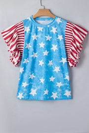 Patriotic t-shirt with blue star print and red striped ruffle sleeves.