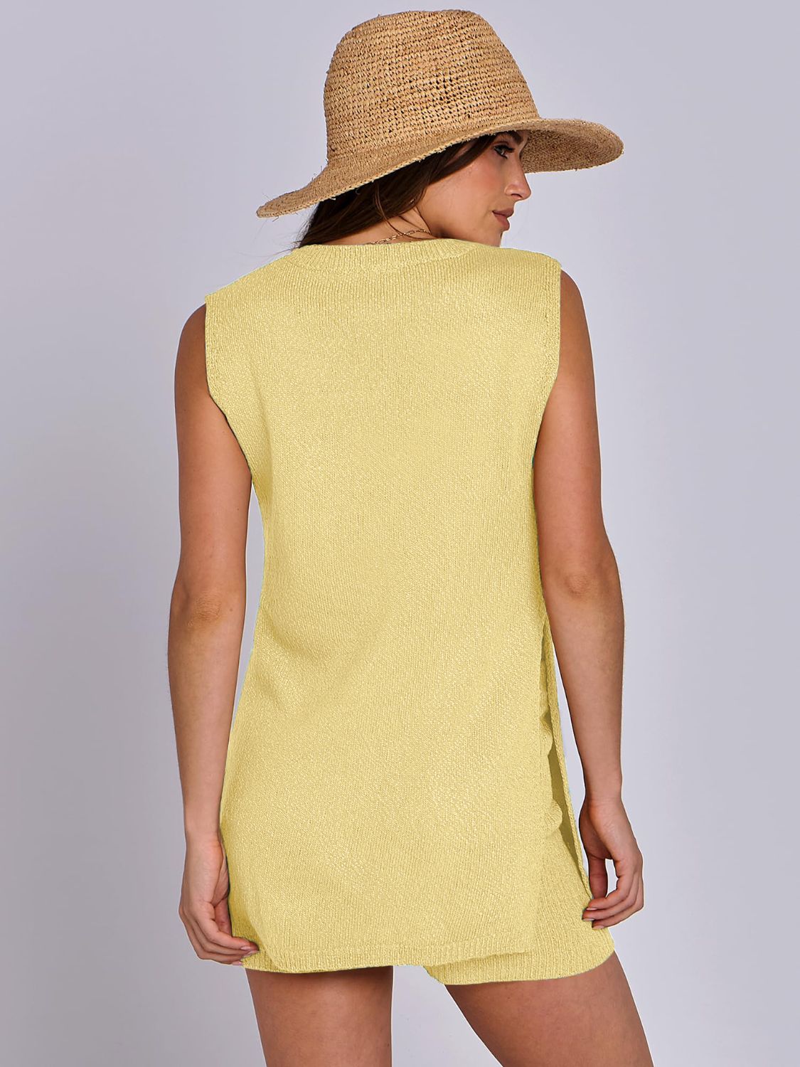 Yellow textured knit tank top with slit sides and matching shorts set.