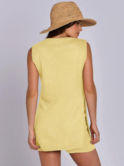 Yellow textured knit tank top with slit sides and matching shorts set.