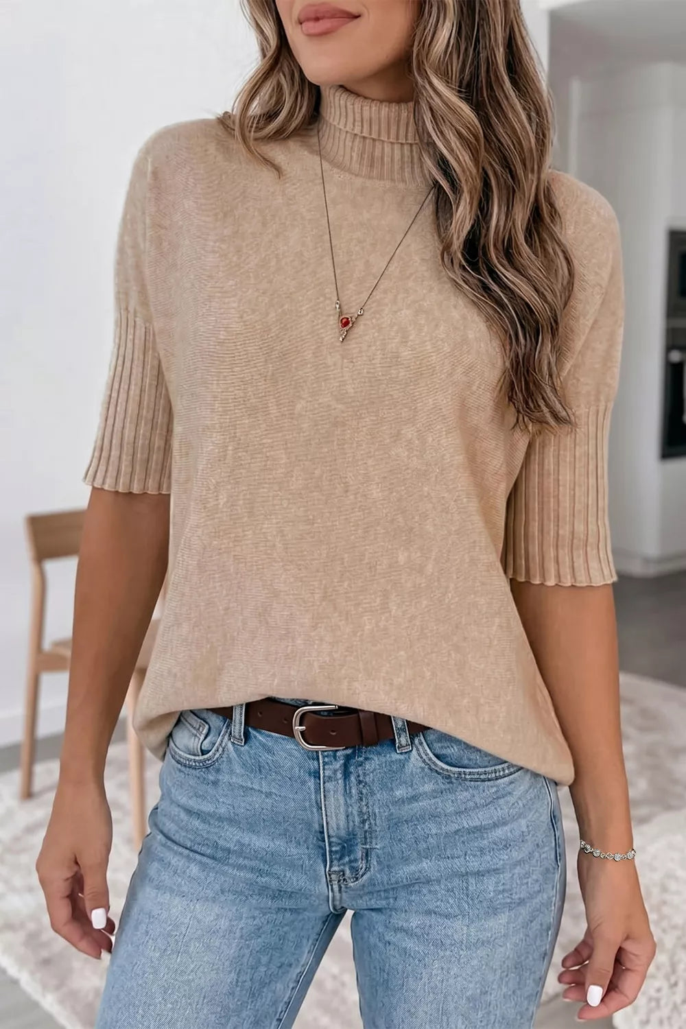 Ribbed Trim Mock Neck Short Sleeve Sweater, front view